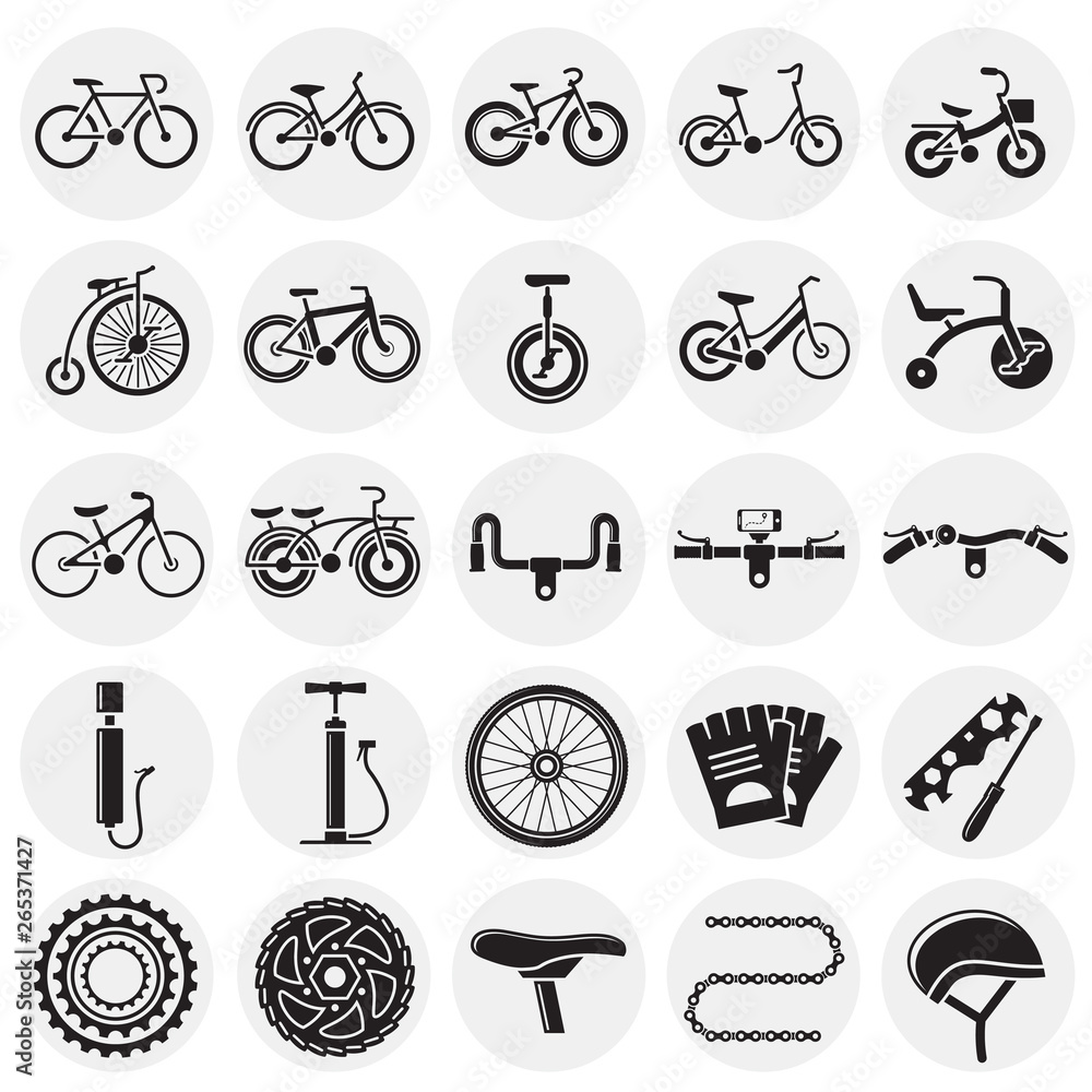 Poster bicycle related icons set on circles background for graphic and web design. simple vector sign. inte
