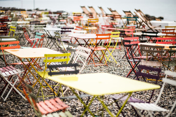 Chairs and tables for cafe on the beach