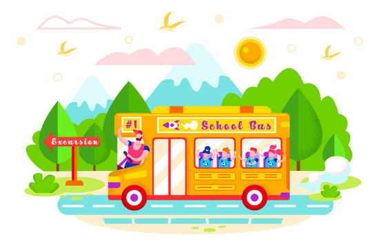 Vector Illustration School Bus Rides on Excursion.