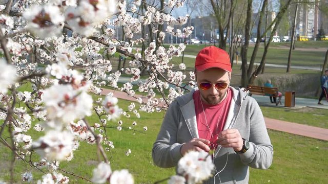 Funny man in sunglasses with smartphone listens to music and dances in city park near apricot tree