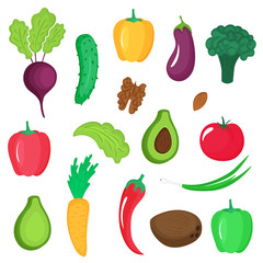 Set of vegetables, roots and nuts. Paprika, avocado, cucumber, broccoli, carrot, eggplant, walnut, coconut, tomato, almond