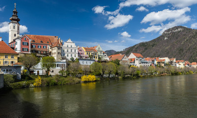 Fototapeta na wymiar View of old town of Frohnleiten above Mur river, Styria, Austria