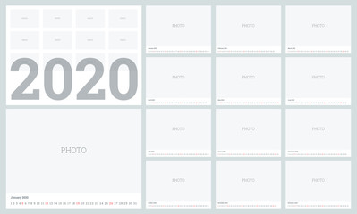 Calendar 2020 in English language. 380x280 mm format for print. Set Desk Calendar template design with Place for Photo. Set of 12 Months. Vector layout.