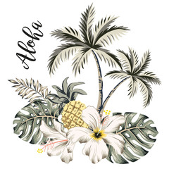 Obraz premium Tropical palm trees, monstera leaves, pineapple fruit, hibiscus flowers bouquet, text Aloha, white background. Print for t shirt, card, poster. Vector illustration. Summer beach floral design