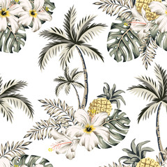 Tropical hibiscus flowers, pineapples, monstera palm leaves bouquets, palm trees, white background. Vector seamless pattern. Jungle illustration. Exotic plants. Summer beach design. Paradise nature
