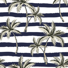 Tropical palm trees, striped background. Vector seamless pattern. Vintage illustration. Exotic jungle. Summer beach design. Paradise nature