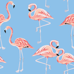 Obraz premium Pink flamingo, blue background. Vector seamless pattern. Tropical illustration. Exotic birds. Summer beach design. Paradise nature