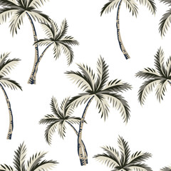 Fototapeta na wymiar Tropical palm trees, white background. Vector seamless pattern. Vintage illustration. Exotic jungle. Summer beach design. Paradise nature
