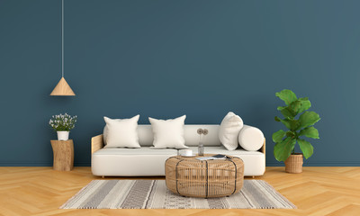 Sofa and wood round table in blue living room,3D rendering