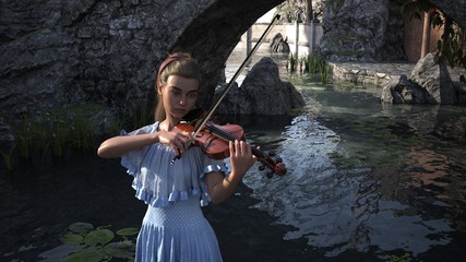 3D rendering beautiful girl playing the violin with beautiful landscape in the background. A set of girls, violin and butterfly. © W.S. Coda