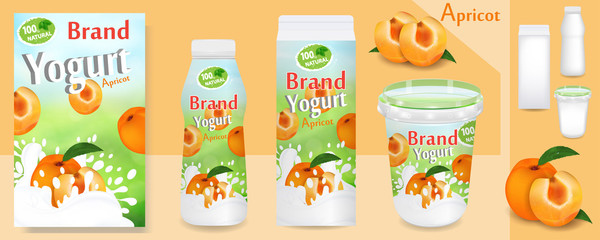 Natural apricot Yogurt ads or packaging design. Template various packages for yogurt products. Applicable for branding, design presentation. Vector