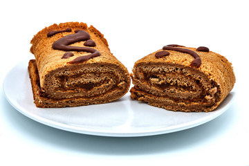 Homemade chocolate roll on plate, isolate on white background. Handmade pastries sprinkled with cocoa. Delicious chocolate-covered roll.