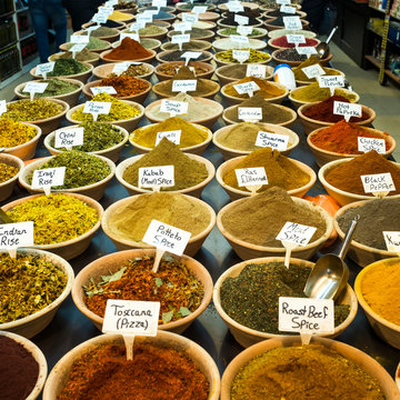 Abundant Variety Of Spices And Rice For Sale At The Arab Market In The Old City Of Jerusalem; Jerusalem, Israel