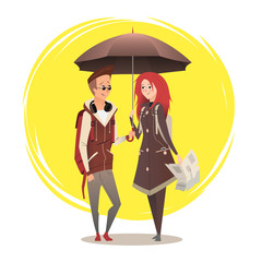 Couple under umbrella. Couple flat design on sunny background. Young couple in love for Your business project. Vector Illustration