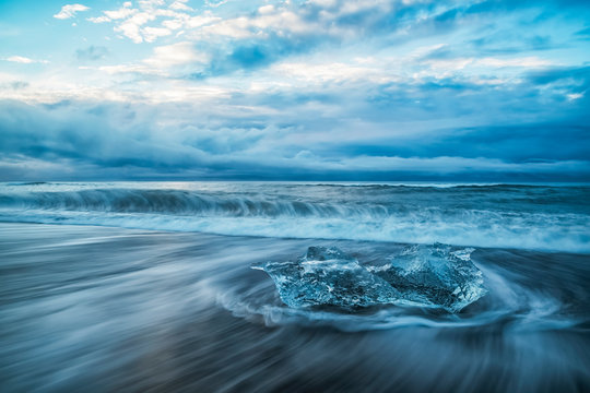 Ice Chucks Form The Ice Lagoon Called Jokulsarlon Along The South Coast Of Iceland. This Beach Is Called The Diamond Beach Because Of All The Ice Deposited Here; Iceland