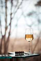 Glass of white wine opposite the window