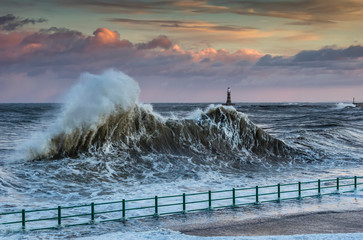 Rising Sea During Winter Storms Off The North East Coast Of England; Sunderland, Tyne And Wear, England