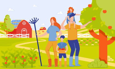 Parents and Children Harvest at Farm, Cartoon. 