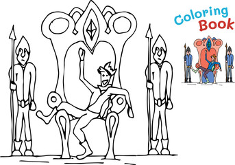 Children s fun coloring with a jester sitting in the throne of the king.  illustration