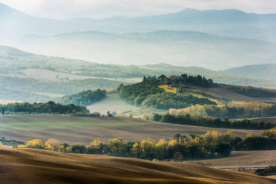Layers Of Green And Gray Tuscany Hills Disappearing In The Mist; San Quirico D'orcia, Tuscany, Italy