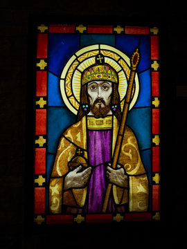Stained glass window of a religious figure in St. Stephen's Basilica; Budapest, Budapest, Hungary