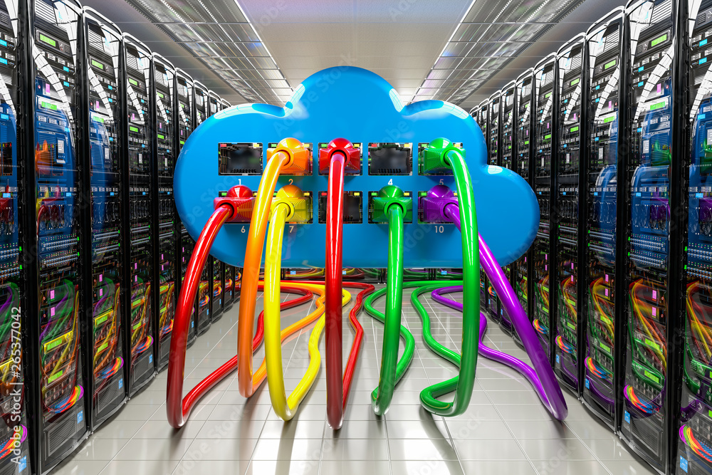 Aufkleber computer cloud with lan internet cables inside data center, server room, 3d rendering