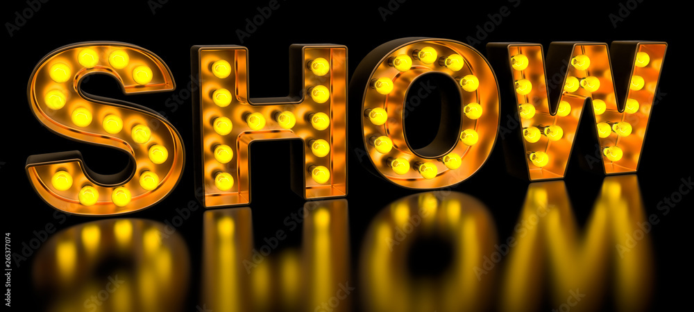 Poster show signboard from golden light bulb letters, retro glowing font. 3d rendering