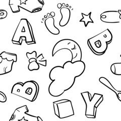 Pattern set of doodle sketch illustration baby vector symbols in black and white