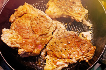 Close Pan View of Cooking Red Meat