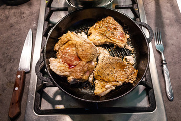 Close Pan View of Cooking Red Meat