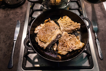 Close Pan View of Cooking Red Meat