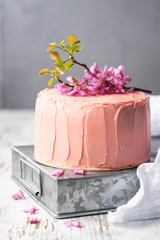 Romantic Pink cake decorated by flowers, rustic style for weddings, birthdays and events, mothers day on light background with copy space.