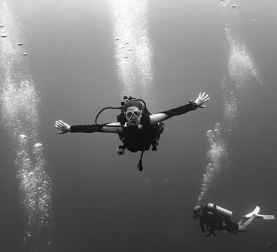 Scuba divers at the Three Amigos Dive Site, Belize Barrier Reef; Belize