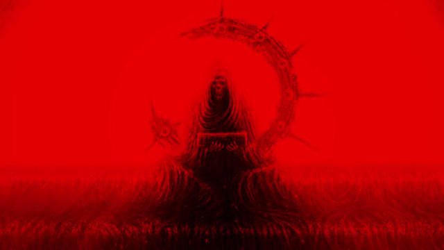 Dark mummy in hood sits with box in hands. Creepy skeleton ghost 2D animation. Broken stone ring with spikes. Horror fantasy genre.   Lost ancient devilish temple. Spooky video clip for Halloween.