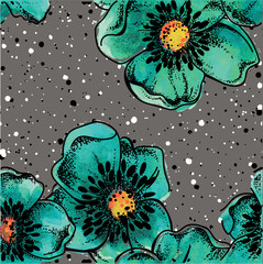 Seamless pattern with poppy flowers. Drawing watercolor. Spray paint. Drawing by hand in vintage style.