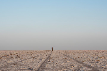 lone man walking on path in a desert space