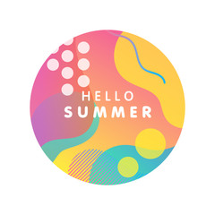Fototapeta premium Unique artistic design card - hello summer with bright gradient background,shapes and geometric elements in memphis style.Bright poster perfect for prints,flyers,banners,invitations and more.