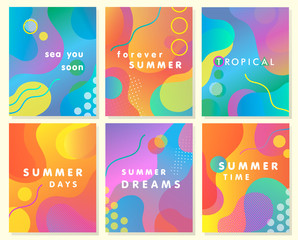 Unique artistic summer cards with bright gradient background,shapes and geometric elements in memphis style.Abstract design cards perfect for prints,flyers,banners,invitations,special offer and more.