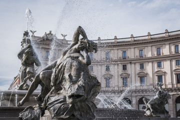 Close-up on the fountain of the Republic Square in Rome