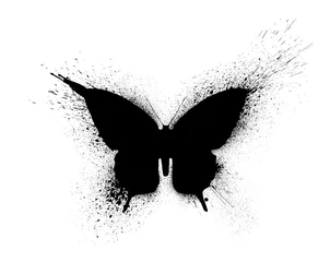 Foto op Plexiglas Grunge vlinders Zwart silhouet van een vlinder met verf spatten en vlekken, geïsoleerd op een witte achtergrond.