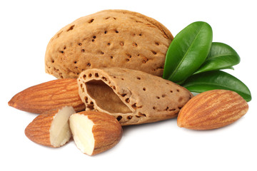 almond with green leaves isolated on white background