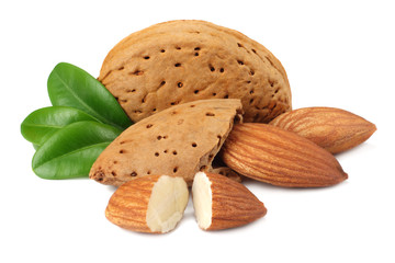 almond with green leaves isolated on white background