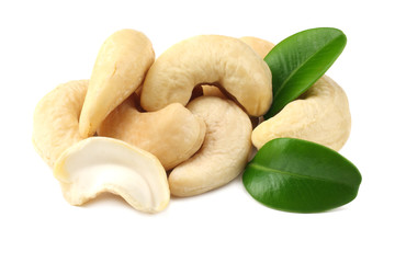 cashew with green leaves isolated on white background