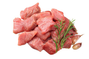 pieces of raw beef meat isolated on white background. top view