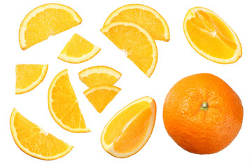 orange with slices isolated on white background. healthy food. top view