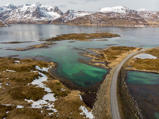 Road along the fjord and connecting island in Lofoten, Norway