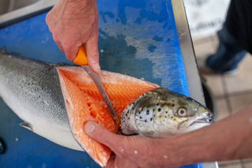 A salmon being gutted ready for service in a restaurant kitchen