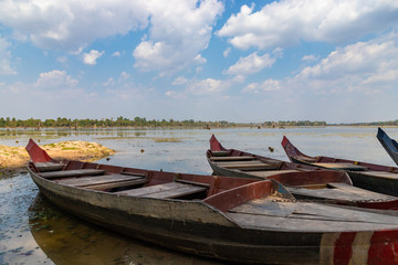 Lake with boats near Preah Khan temple. Angkor, Seam Reap, Cambodia.