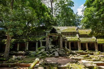View of the stunning architecture at Ta Prohm temple in Siem Reap, Cambodia