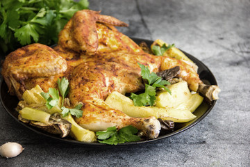 Chicken tobacco national dish of Georgian cuisine. Baked chicken with garlic and grilled vegetables on a black plate on a stone background, next to fresh greens and vegetables.  Copy space